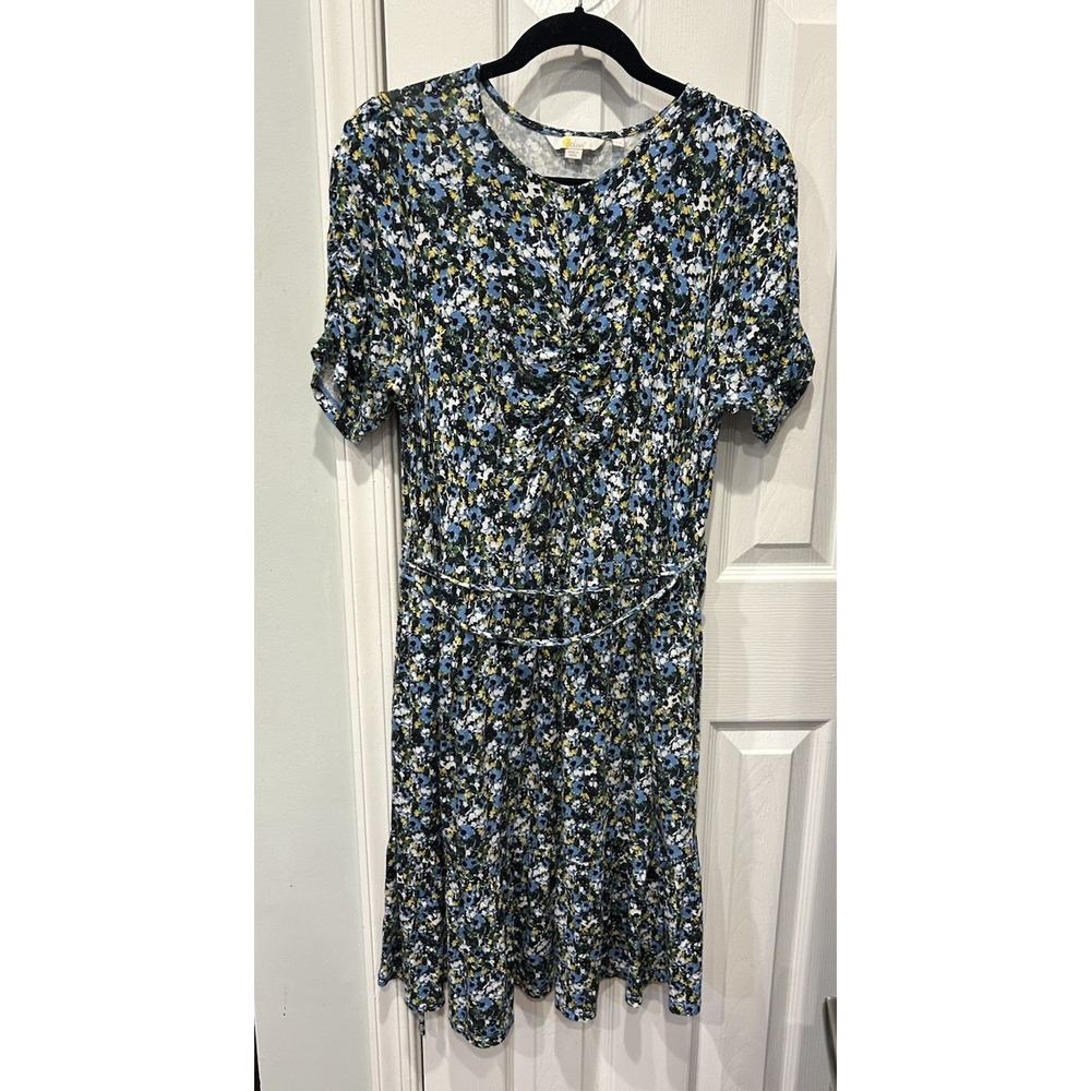 Boden Floral Midi Dress 10L Blue Green Yellows Tie Waist Flirty Teacher Bridal